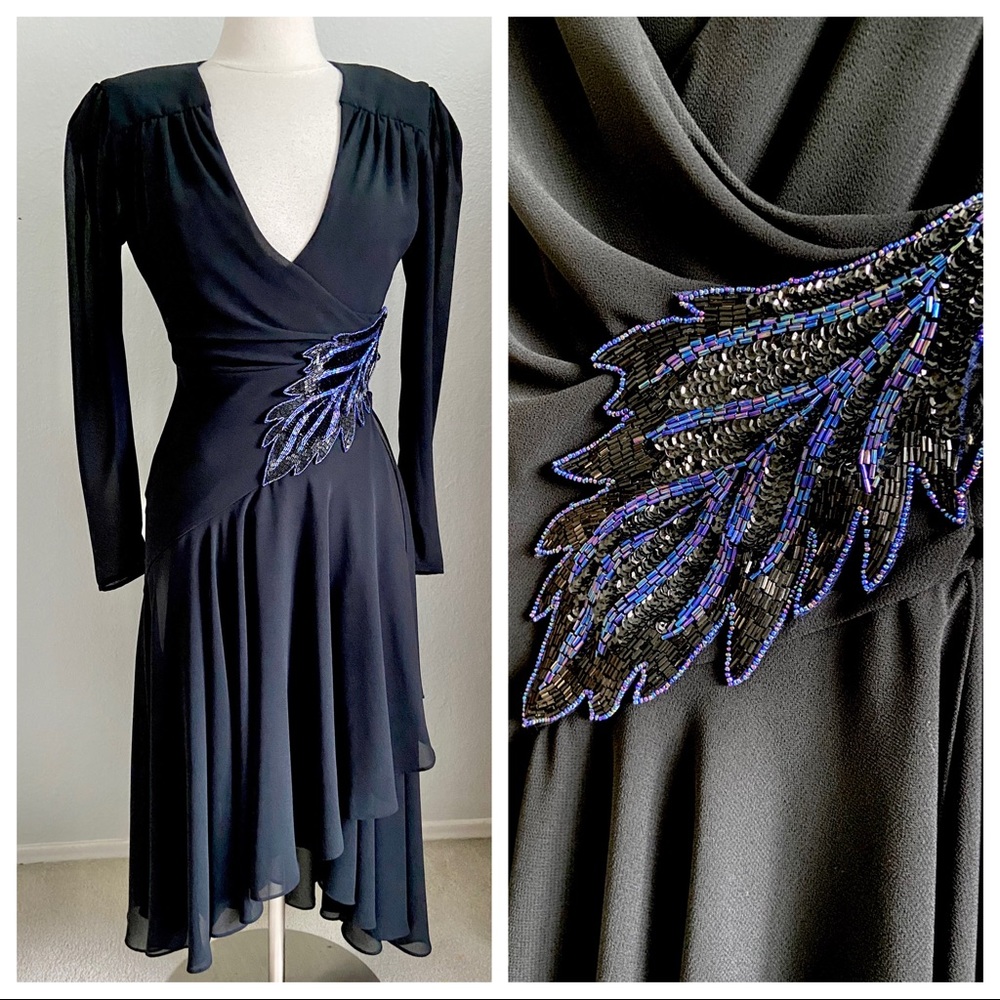 Casadei Vintage ‘80’s Cocktail Dress Black Chiffon Beaded